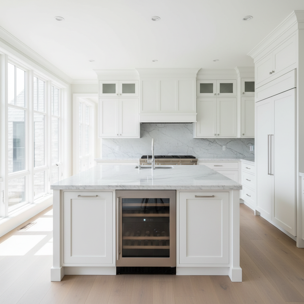 Luxury modern kitchen with built-in refrigerator and marble countertops